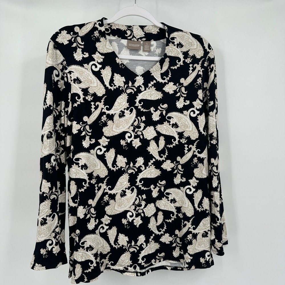 Chicos Womens Boho Botanical Top Size 1 US M Neutral Paisley Office Modest